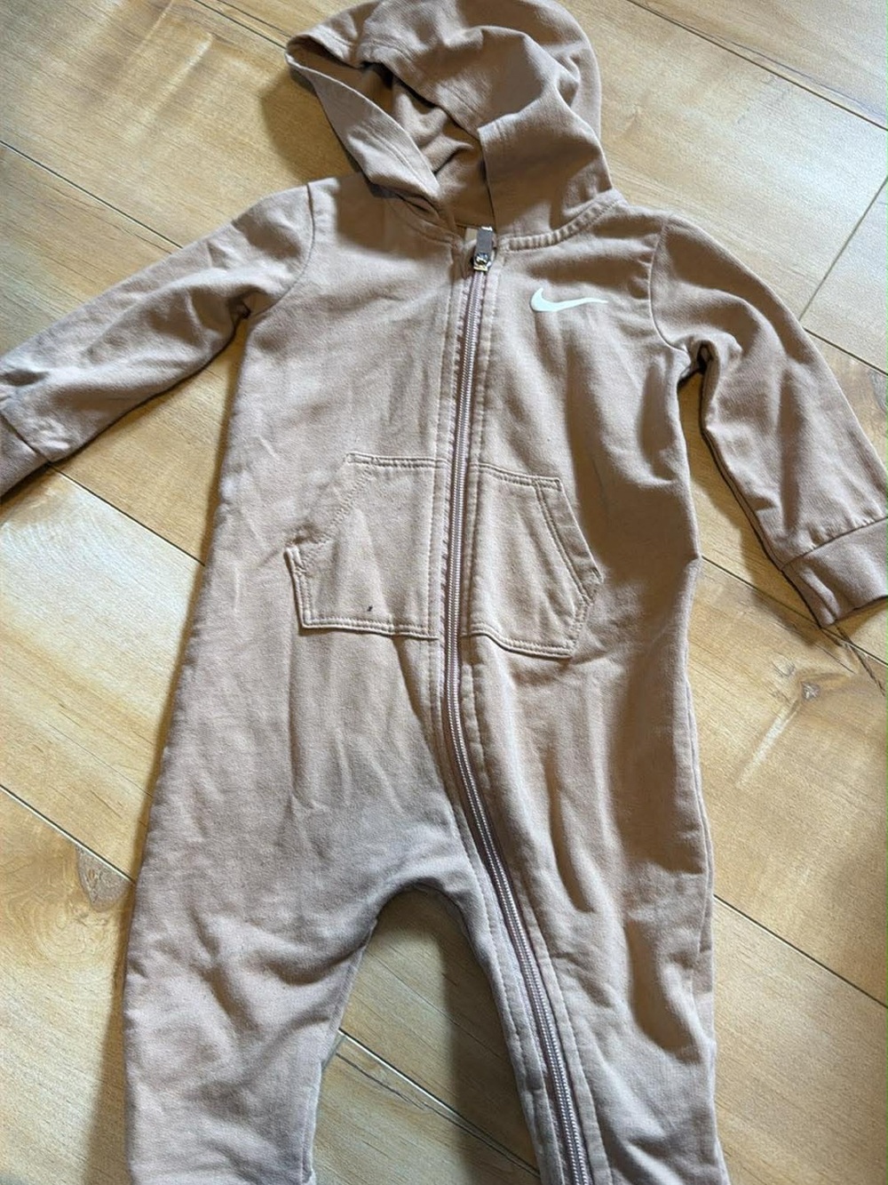 Nike Baby Hooded Zip Romper in Light Taupe 9 month